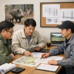 야생동물 피해예방 울타리 설치를 위한 업체와의 견적 상담 장면