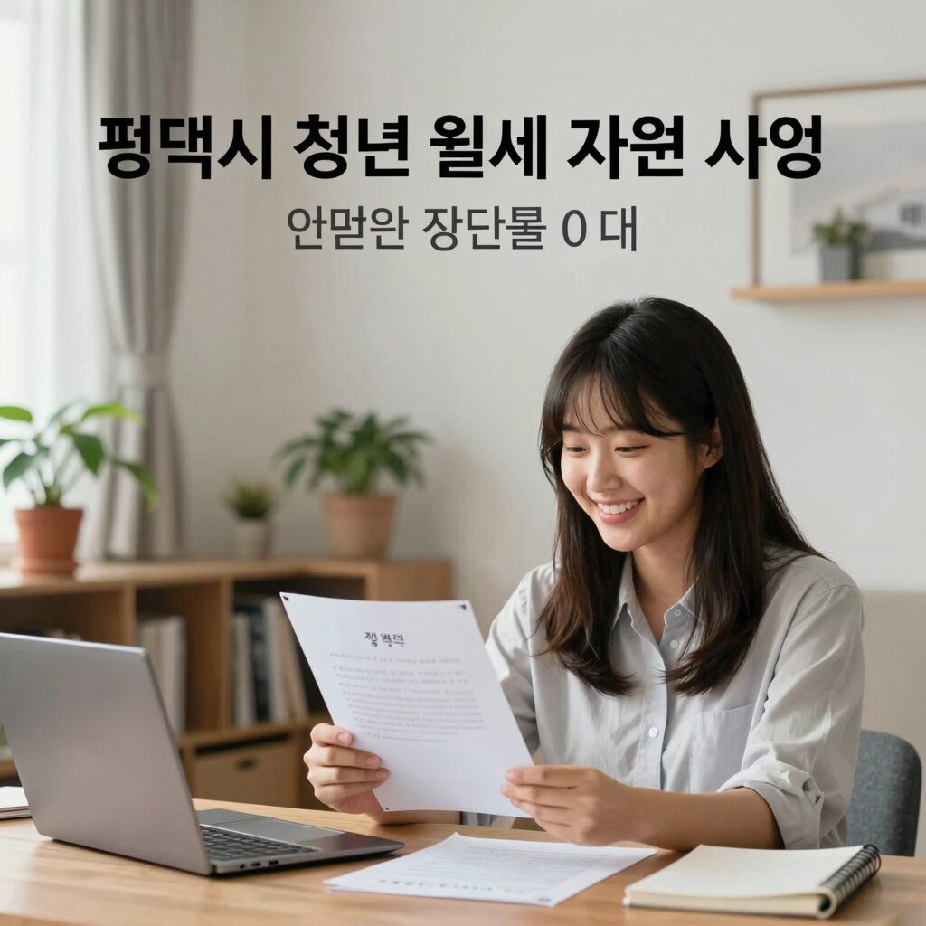 평택시 청년 월세 지원 사업 설명 이미지, 청년이 집 계약서를 보며 웃는 모습