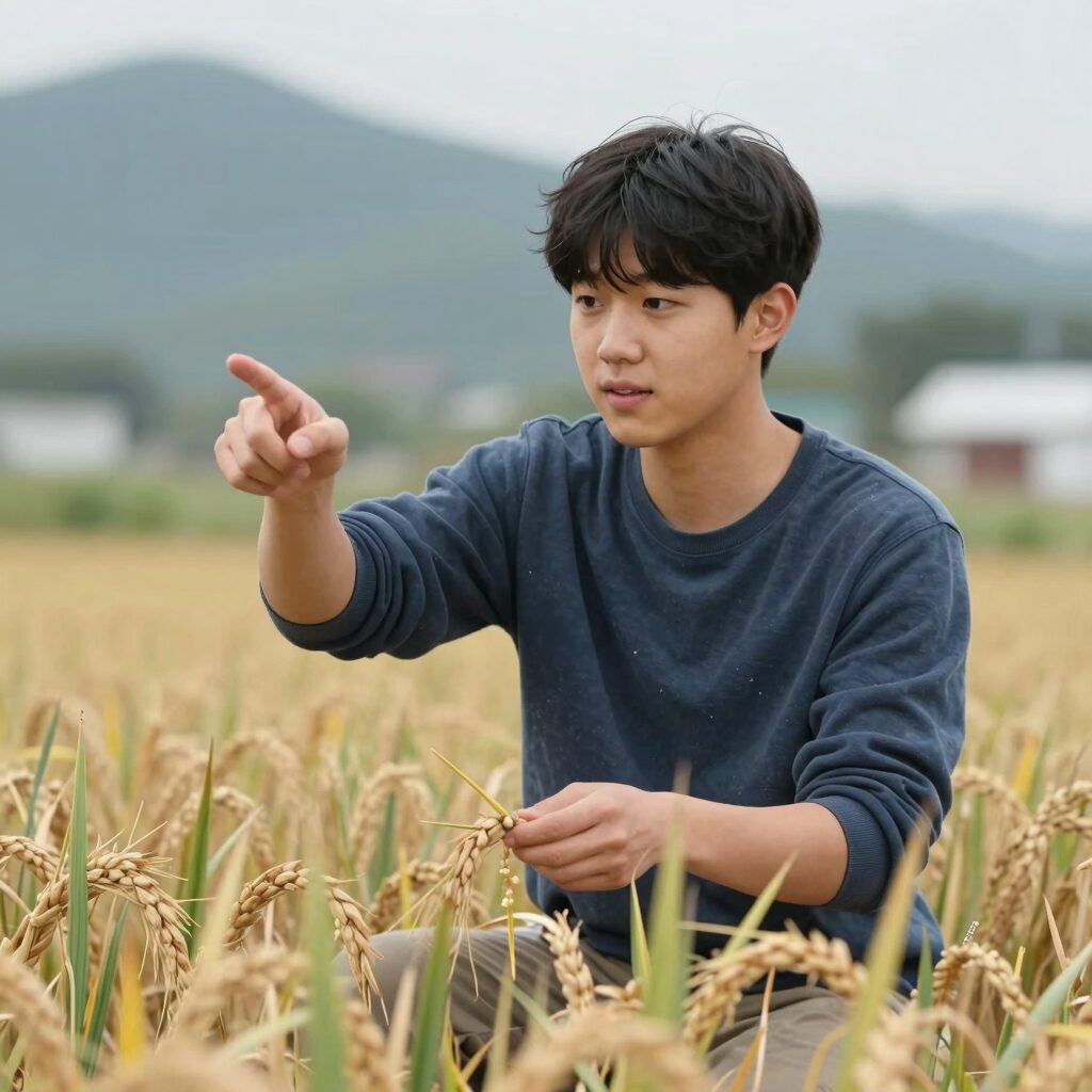 청년이 농장에서 미소지으며 농작물을 가리키고 있는 모습, 청년후계농 영농정착 지원