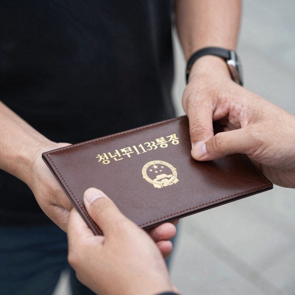 청년13통장으로 저축하고 있는 청년의 손과 통장 사진