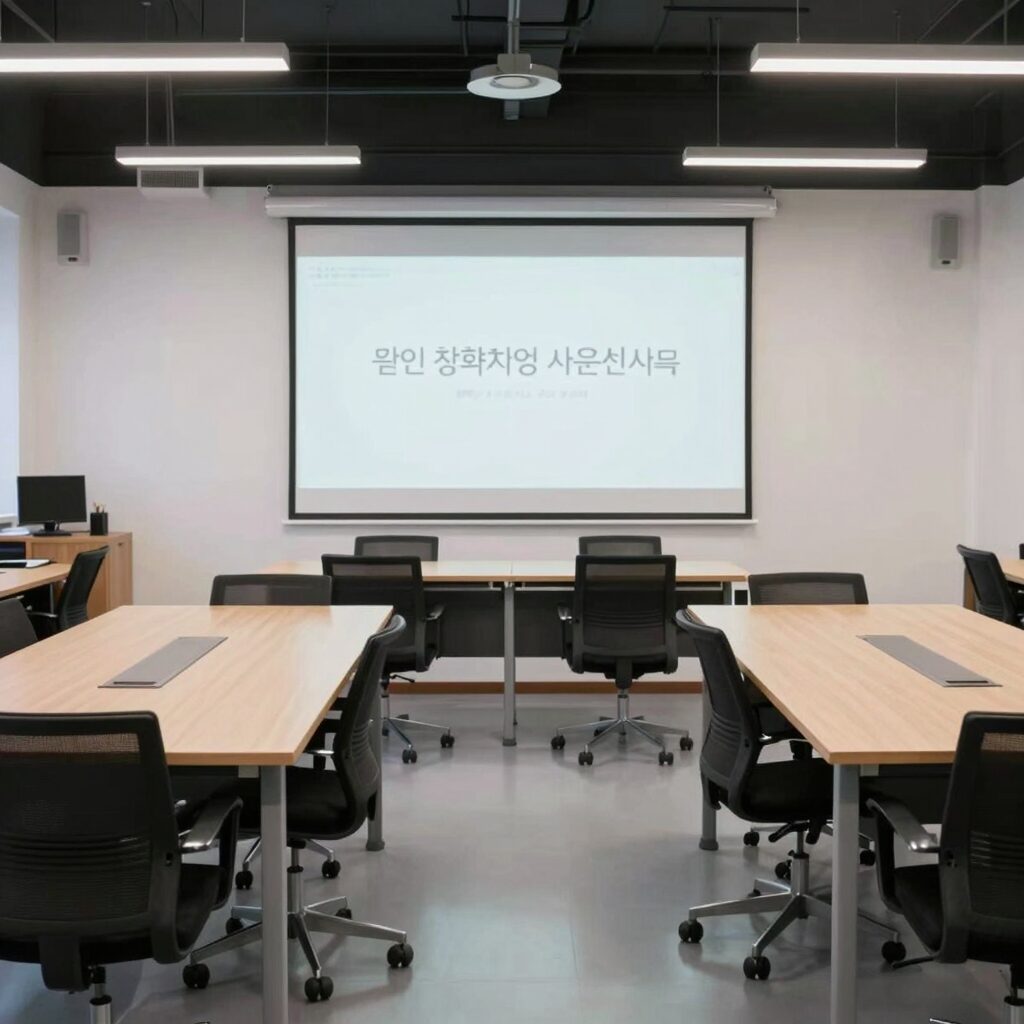 1인 창조기업 지원센터의 깔끔한 공용 사무공간, 독립 책상과 회의실이 보임