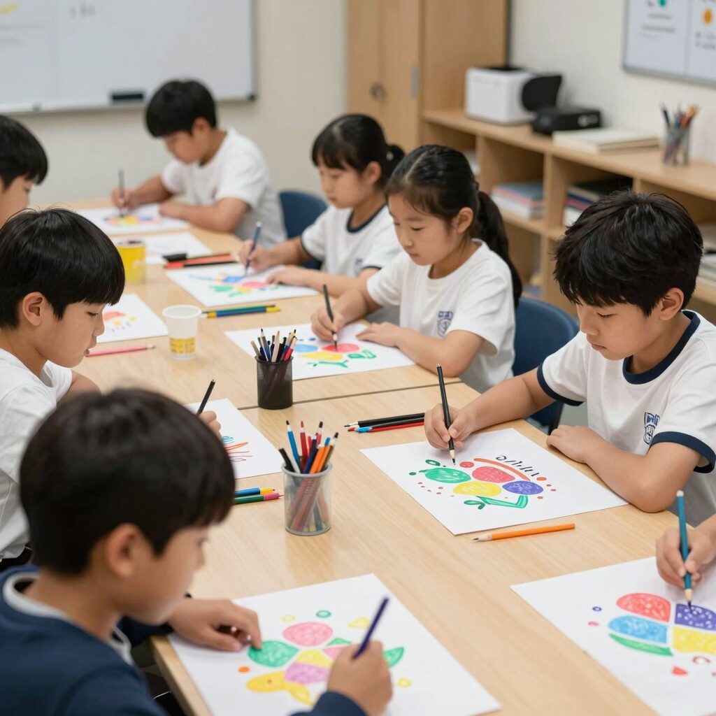 청소년 발달장애인 방과후활동서비스에서 아이들이 미술 활동과 운동을 함께하는 모습