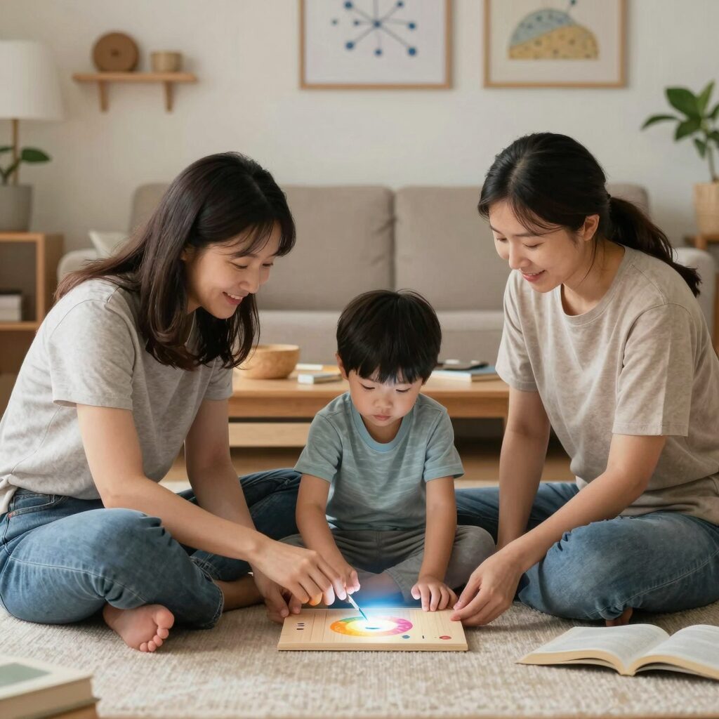 다문화가족 부모와 자녀가 함께 이중언어 교육을 받는 모습