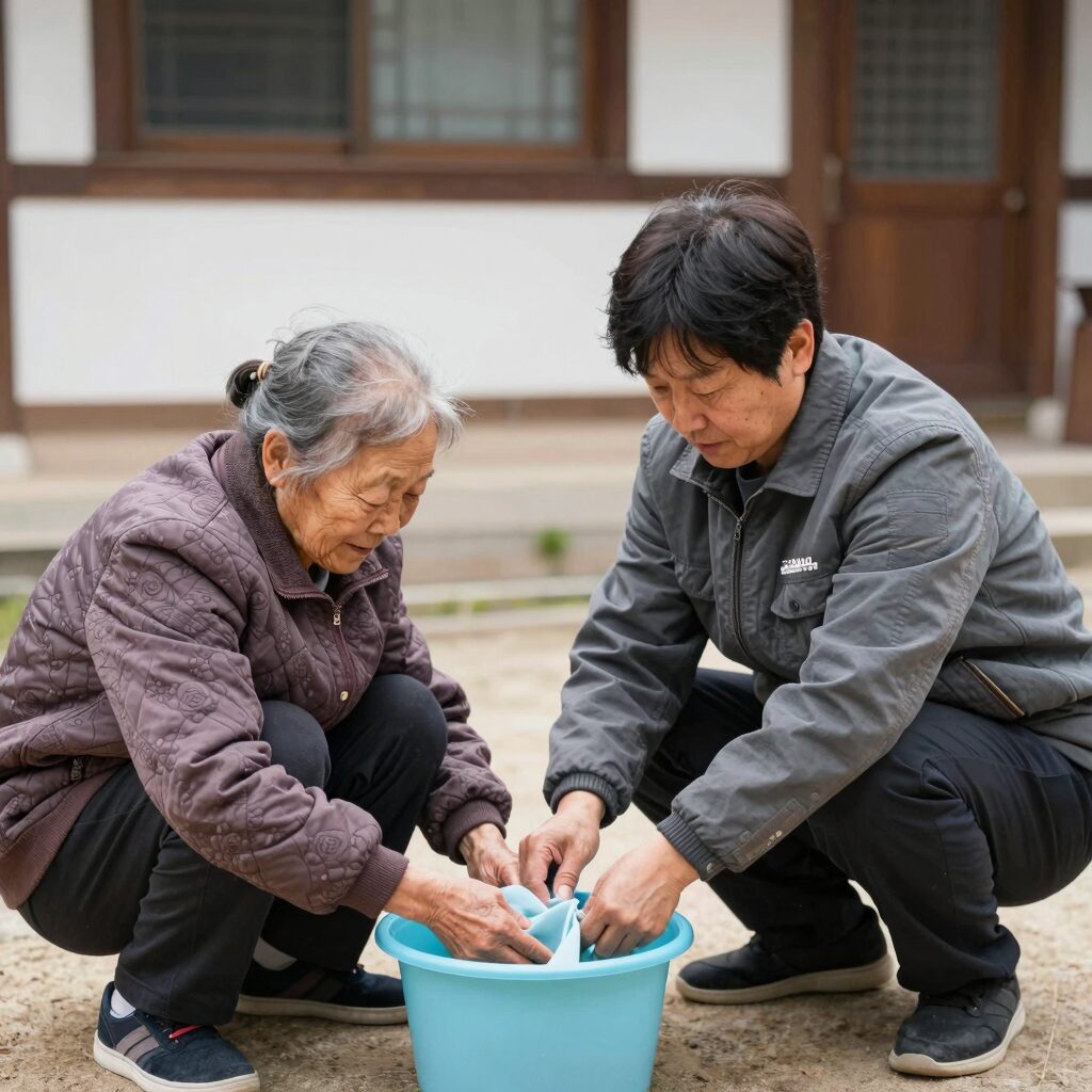 재가보훈실무관이 어르신 가정을 방문해 청소와 말벗 등 돌봄 서비스를 제공하는 모습