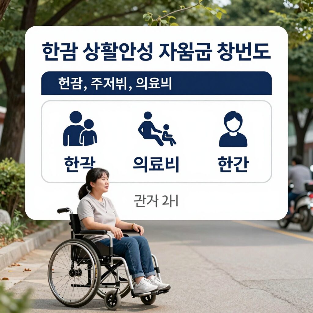 장애인 생활안정 지원금 개념도 - 현금, 주거비, 의료비 등 다양한 지원을 아이콘으로 표현