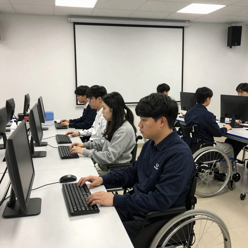 장애인 직업능력개발원 내부에서 훈련생들이 컴퓨터 교육을 받는 모습