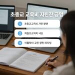 초중고 교육비 지원 신청 꼭 확인 2026년 초중고 교육비 지원 신청 방법과 금액을 안내하는 이미지로, 책상 위에 놓인 서류와 컴퓨터 화면이 보인다
