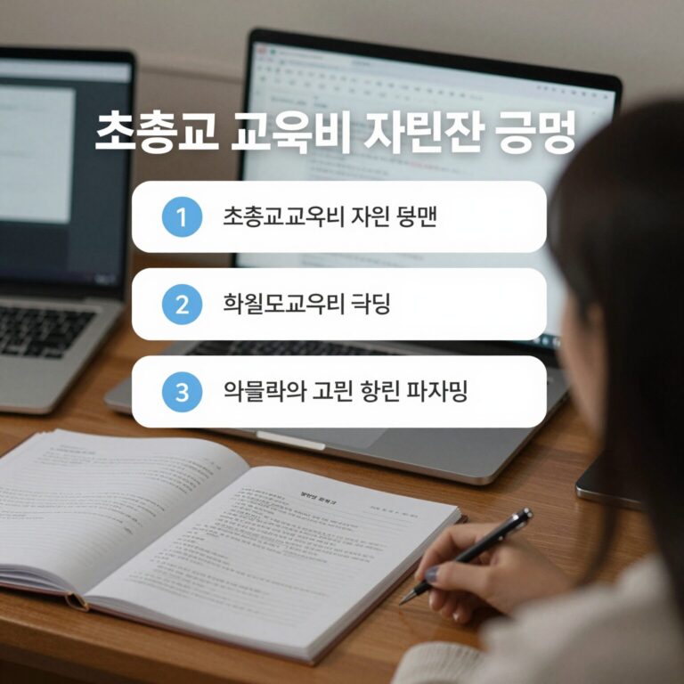 2026년 초중고 교육비 지원 신청 방법과 금액을 안내하는 이미지로, 책상 위에 놓인 서류와 컴퓨터 화면이 보인다