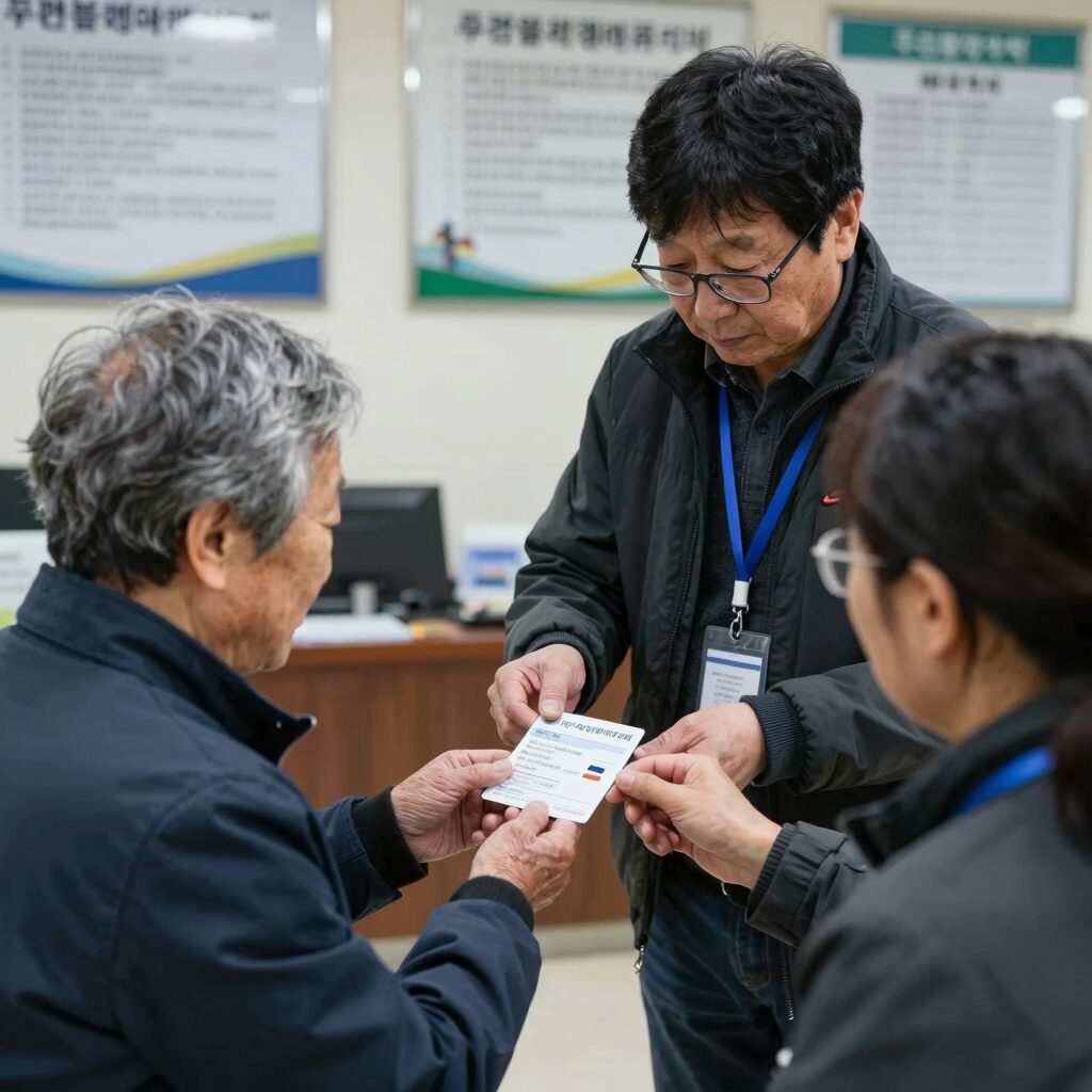 어르신복지카드 발급을 위해 주민센터 방문하는 장면