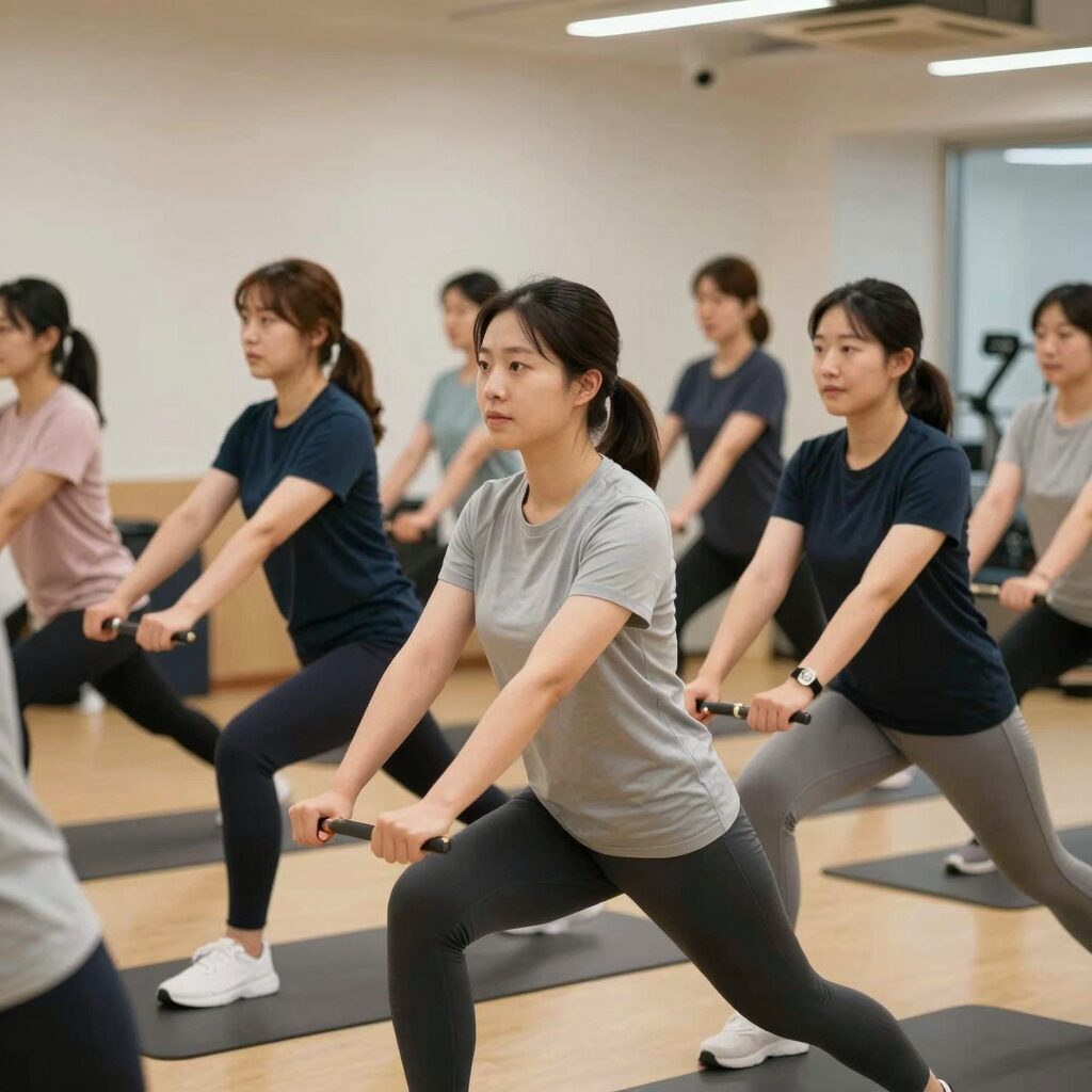 여성농업인들이 함께 헬스장에서 운동하는 모습, 밝은 표정