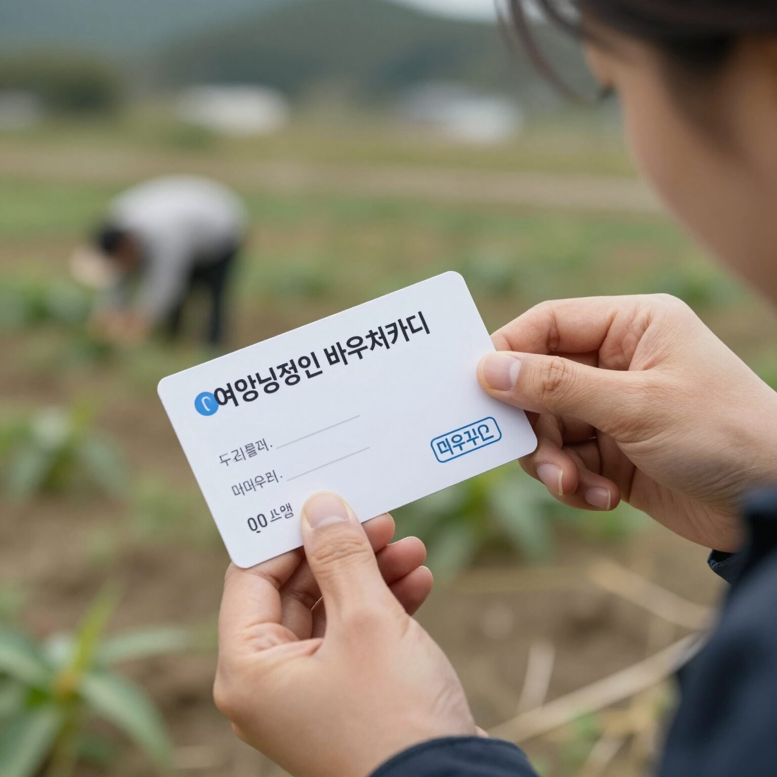 여성농업인 바우처카드를 들고 있는 여성 농부의 손, 배경에 농장과 카드 사용처 아이콘