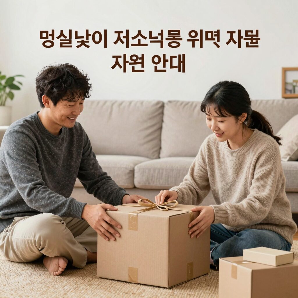 명절맞이 저소득층 위문 물품 지원 사업 안내 이미지, 현물 상자와 따뜻한 분위기 연출