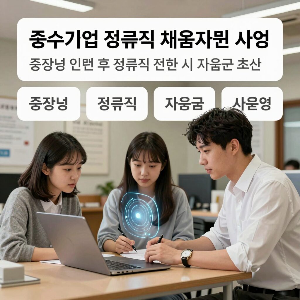 중소기업 정규직 채용지원 사업 설명 이미지, 중장년 인턴 후 정규직 전환 시 지원금 흐름을 보여주는 다이어그램