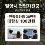 밀양 전입지원금 신청 조건과 혜택 밀양시 전입지원금을 받는 조건과 금액을 설명하는 안내 표지, 전입축하금 20만원, 대학생 100만원 등 주요 내용 포함