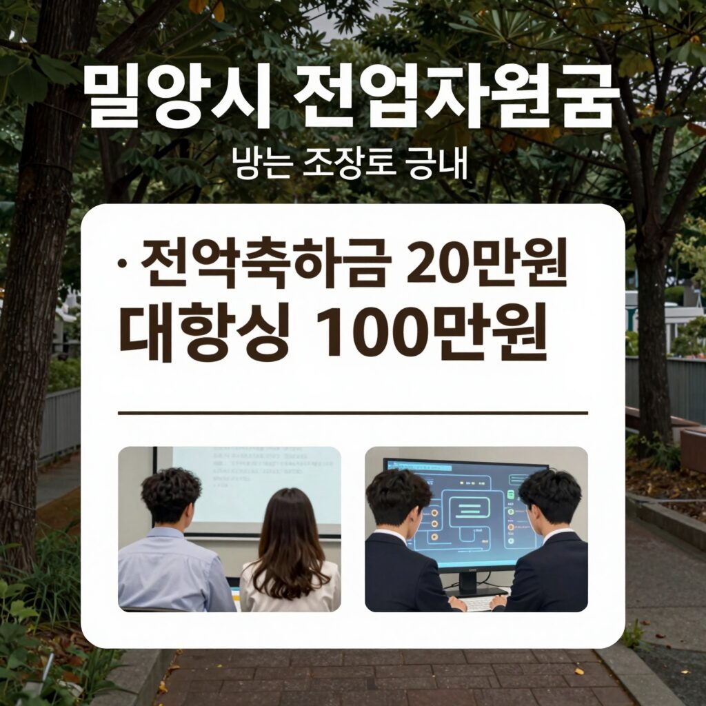 밀양시 전입지원금을 받는 조건과 금액을 설명하는 안내 표지, 전입축하금 20만원, 대학생 100만원 등 주요 내용 포함