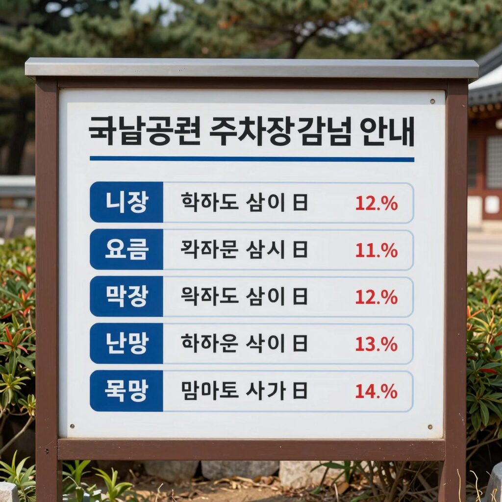 국립공원 주차장 요금 감면 안내 표지판이 설치된 모습