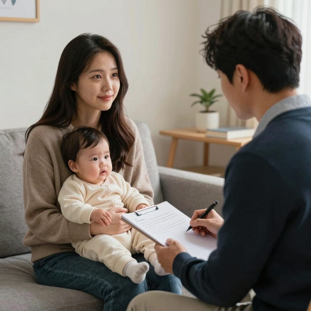 난임 부부와 임산부가 심리상담을 받는 장면을 표현한 이미지
