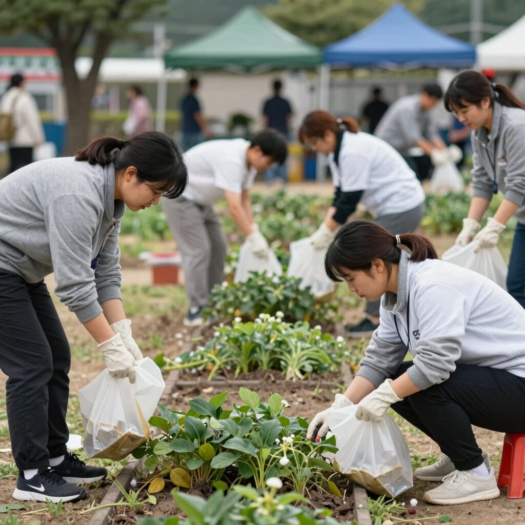 지역공동체일자리사업 전환 현장에서 환경정화 작업하는 참여자들 모습