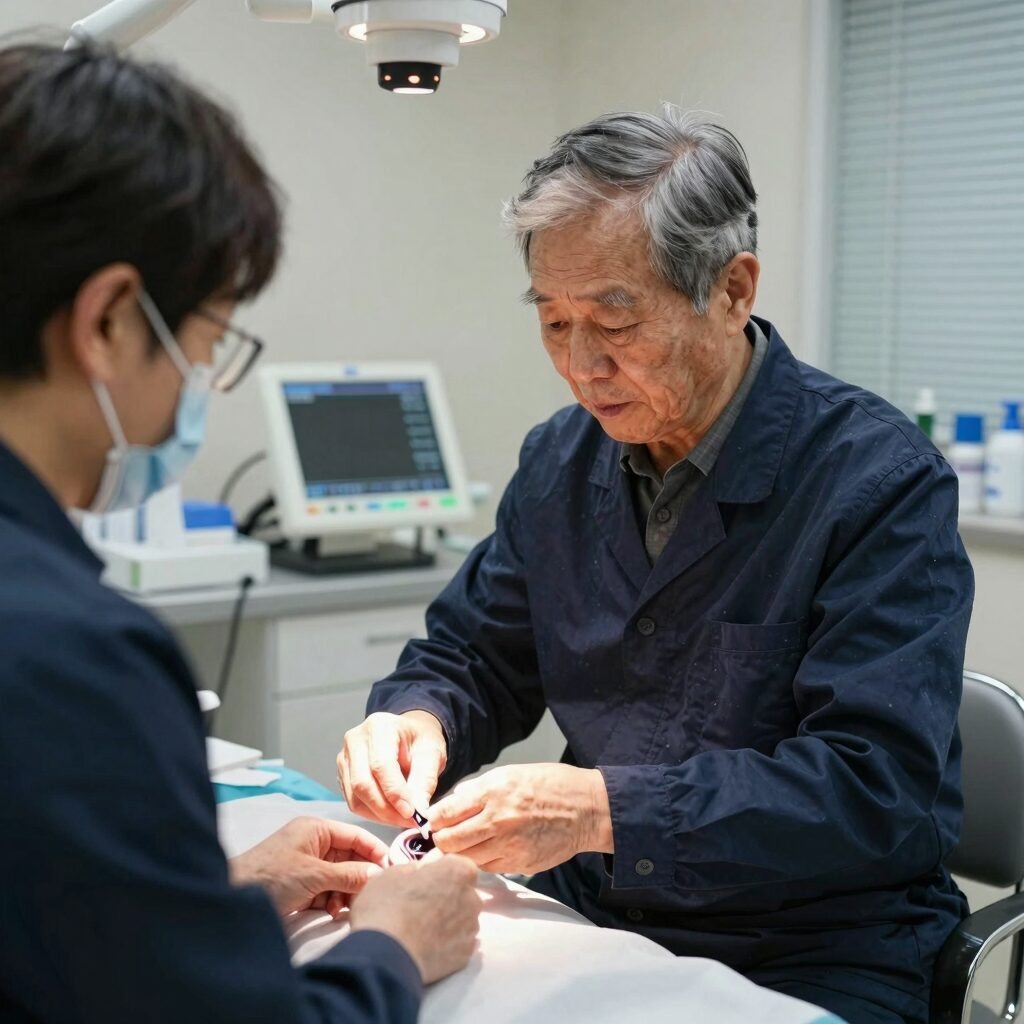 65세 이상 노인이 치과에서 임플란트 상담을 받고 있는 모습