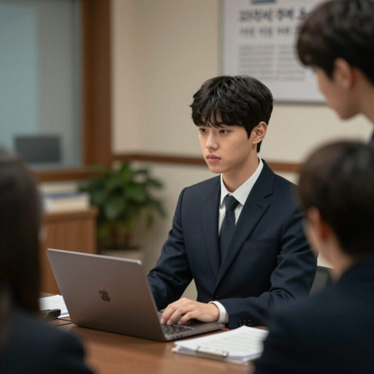 취업날개 서비스에서 면접정장을 고르는 청년의 모습