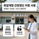 취약계층 건강검진 지원 사업 설명 이미지, 검진 차트와 보건소 건물