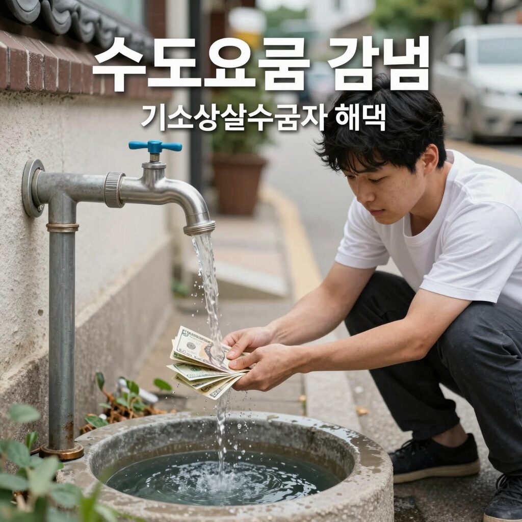 수도요금 감면 기초생활수급자 혜택을 설명하는 이미지로, 수도꼭지와 돈을 아끼는 모습을 표현