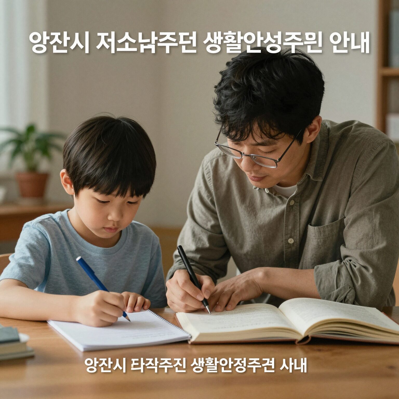 양산시 저소득 주민 생활안정지원 사업 안내 이미지. 부모와 아이가 함께 테이블에 앉아 공부하며 생활 안정을 찾는 모습