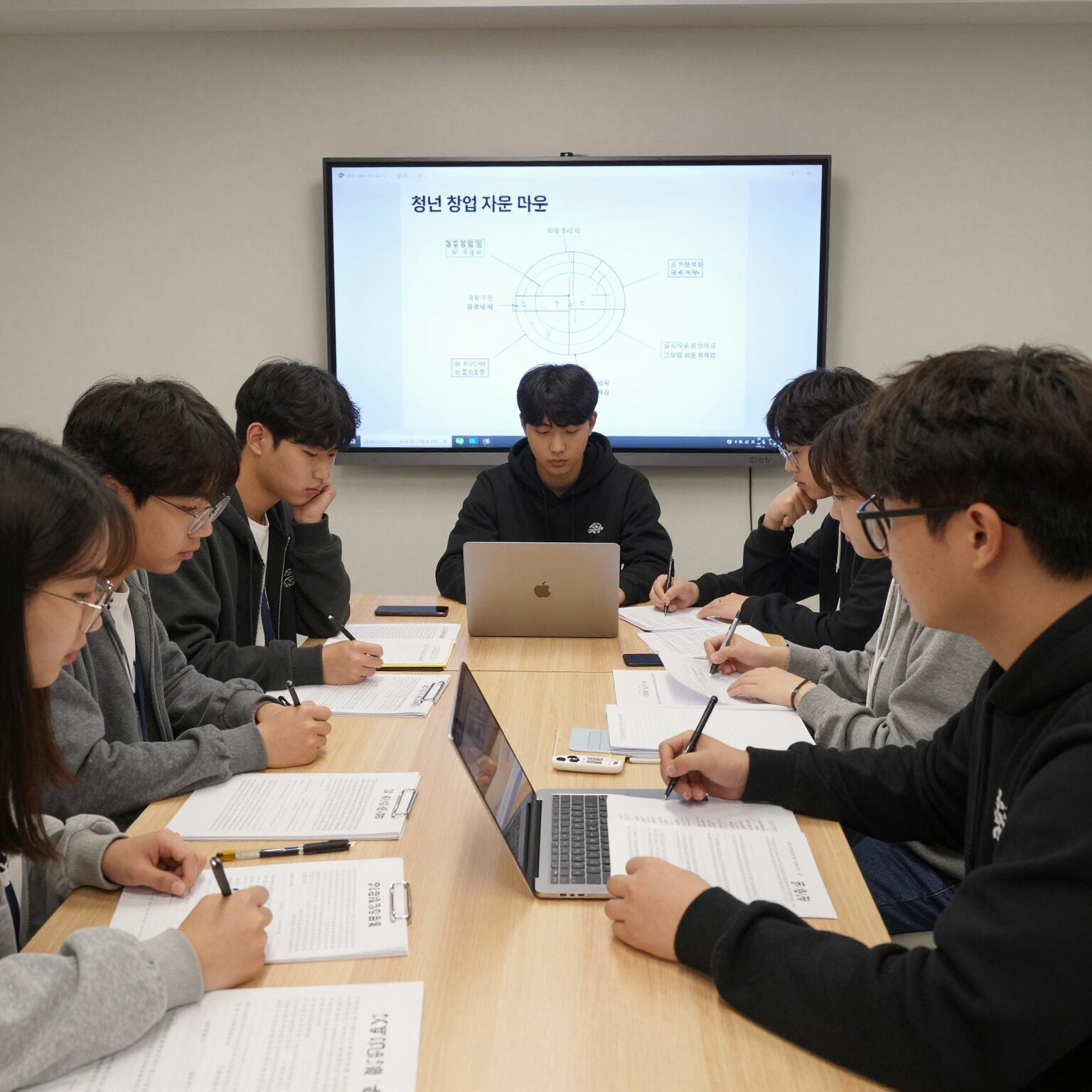 청년 창업 지원을 받는 대학생 팀이 아이디어를 논의하는 모습