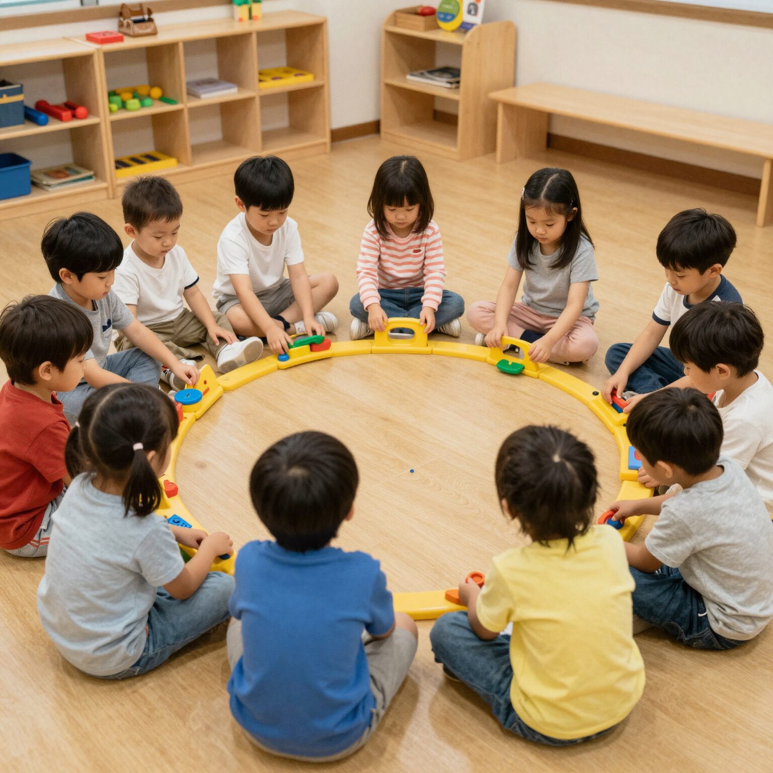3~5세 유아가 어린이집에서 즐겁게 놀이하는 모습을 표현한 이미지
