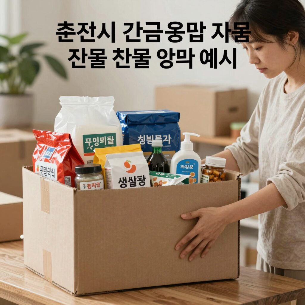 춘천시 긴급생활용품 지원 현물 예시: 생필품 박스와 식료품
