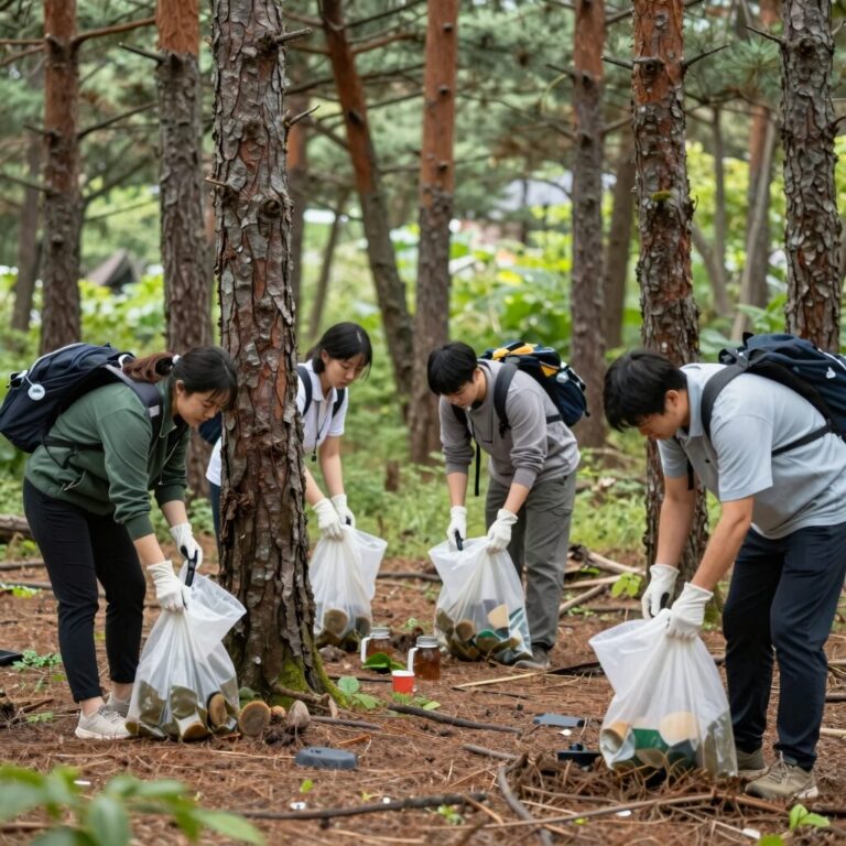 산림보호지원단이 숲속에서 정화 활동을 하고 있는 모습