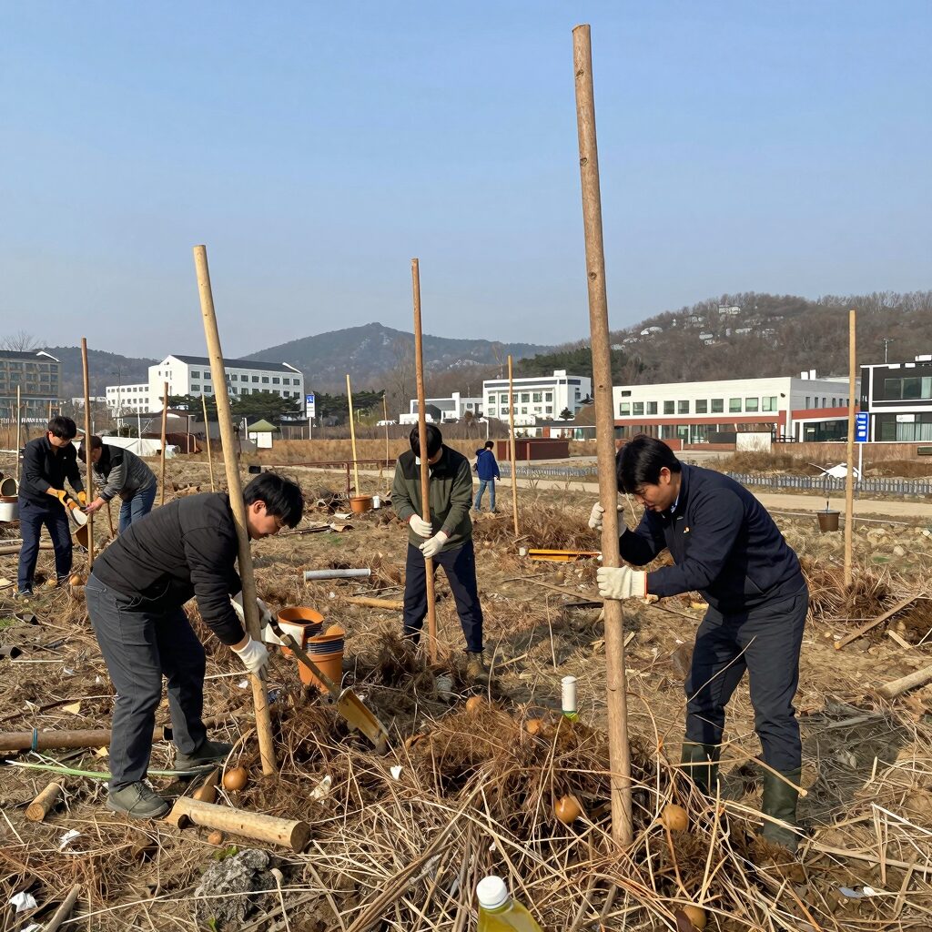 숲가꾸기 작업 모습, 솎아베기와 풀베기를 통해 건강한 숲으로 가꾸는 장면