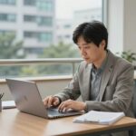 중장년 기술창업센터 필수 체크 중장년 창업자가 노트북으로 사업계획서를 작성하는 모습