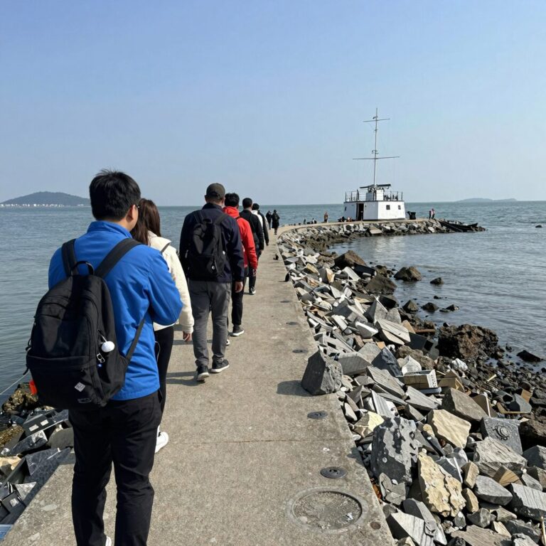 해양영토 대장정 참가자들이 바닷길을 탐방하며 해양 시설을 견학하고 있는 모습