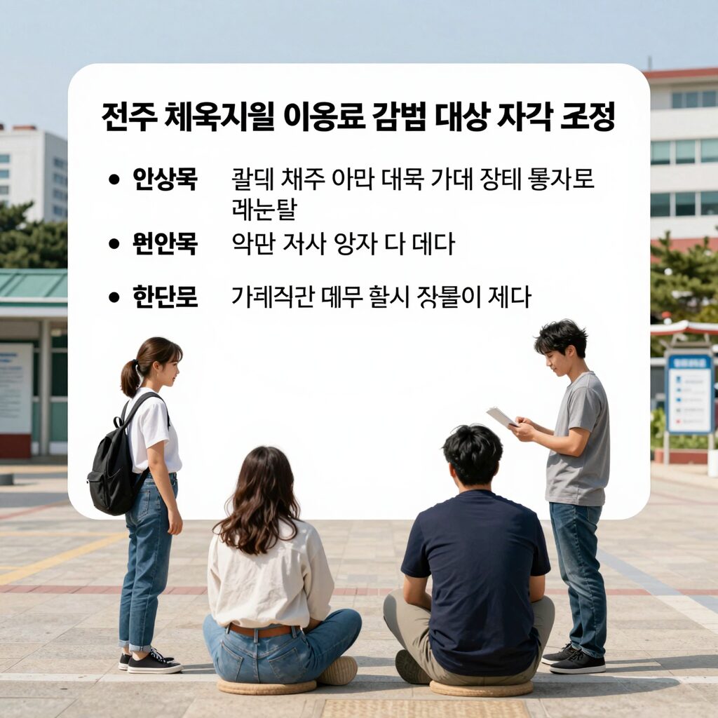 전주시 체육시설 이용료 감면 대상 자격 조건을 표와 함께 설명하는 이미지