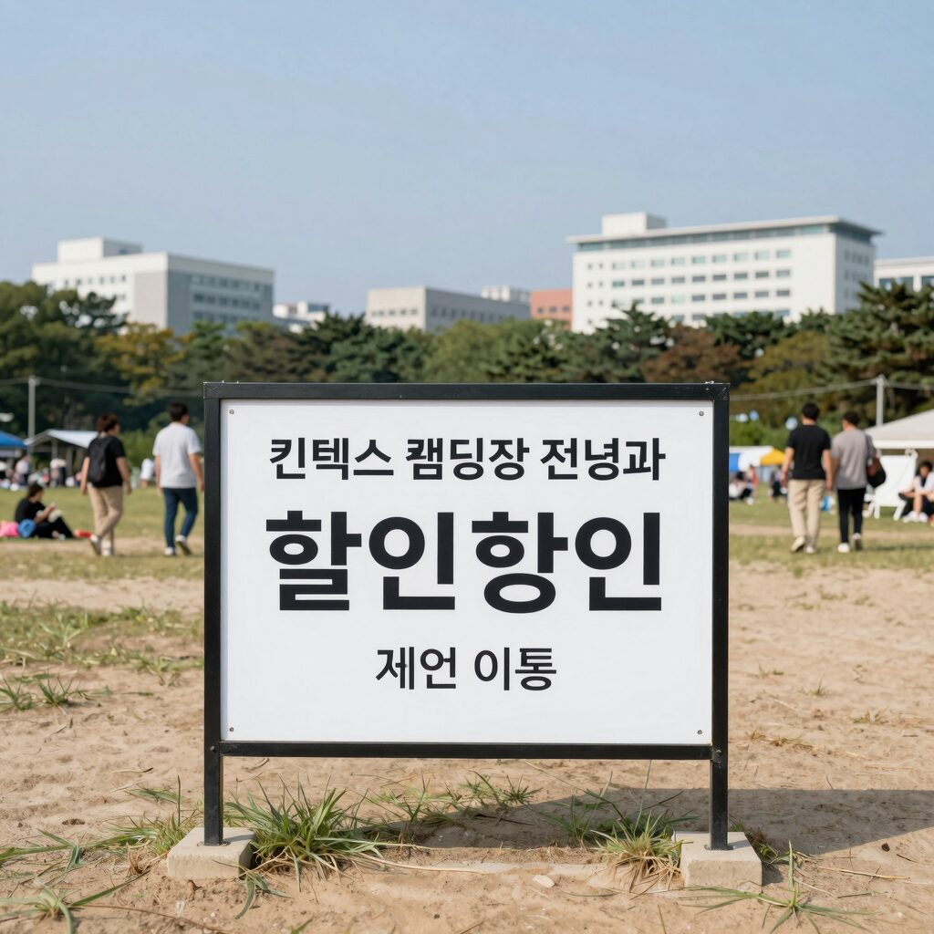 킨텍스 캠핑장 전경과 할인 정보가 적힌 안내판