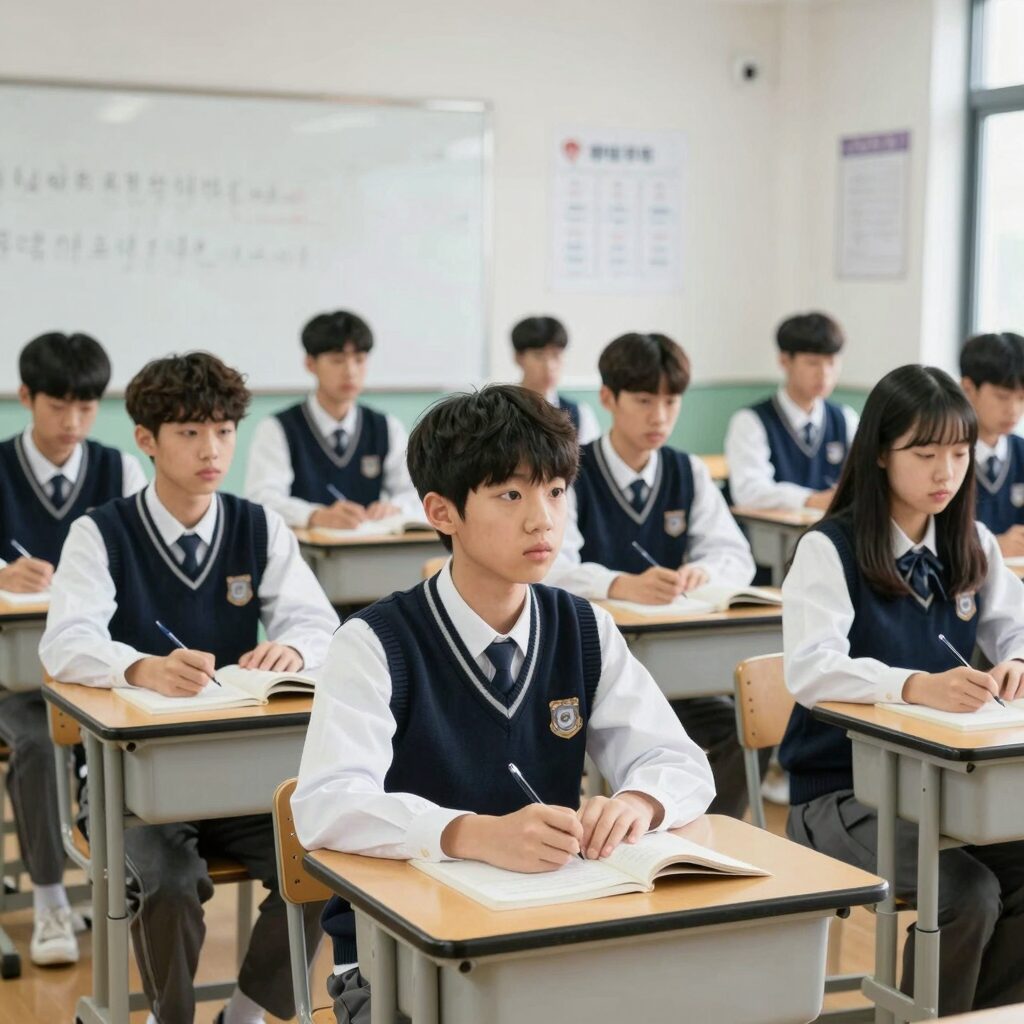 경주시 중고등학교 신입생 교복구입비 30만원 지원 안내 이미지 교복을 입은 학생들이 교실에 앉아 있는 모습